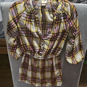 Mossimo Supply Co. Yellow Pink Plaid Peasant Blouse